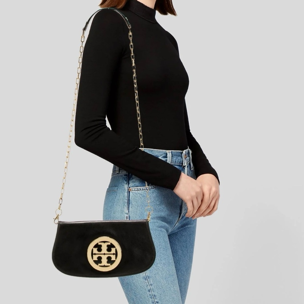Tory Burch Black and Gold Clutch with Gold Emblem